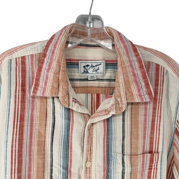 American Eagle Resort Shirt Size L Mens Short Sleeve Button Up Striped Cabana - Picture 2 of 6